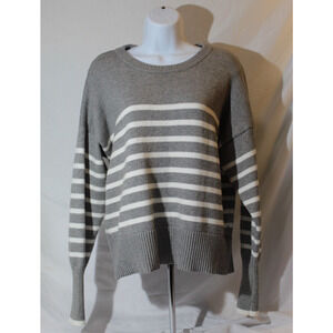 Philosophy Gray White Striped Knit Sweater Women's XL Crewneck Ribbed Ham Cuffs